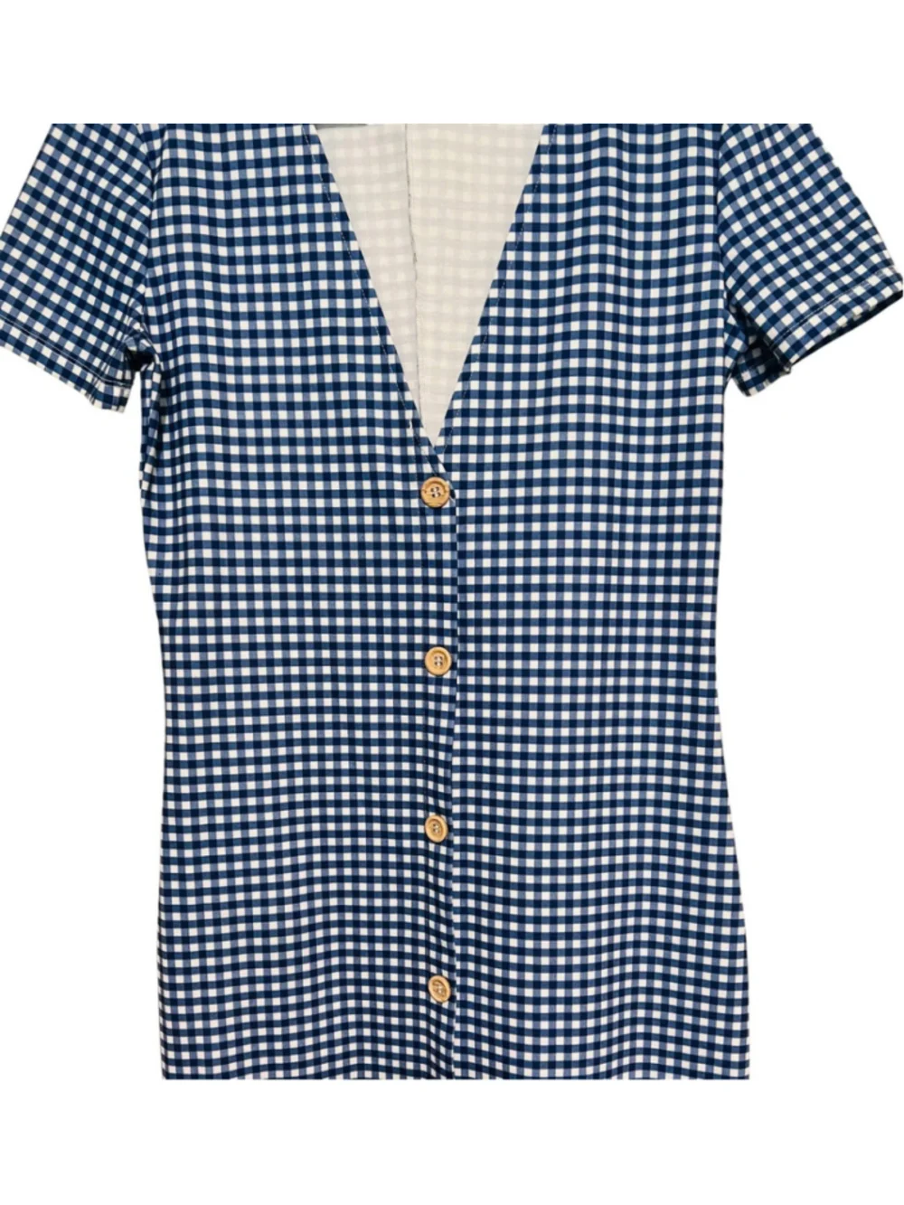 Zara Gingham Checked Dress Womens Medium Blue White Midi Stretch Summer Vacation - Picture 6 of 7